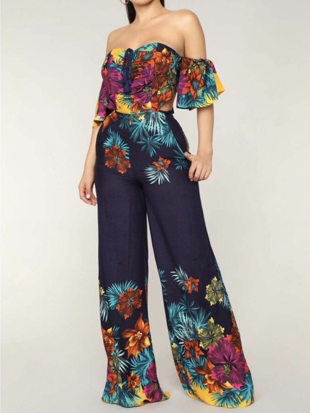 Fashion Nova Taste of  Tropics Jumpsuit Navy Floral Backless Cut Out 2X (43-1)